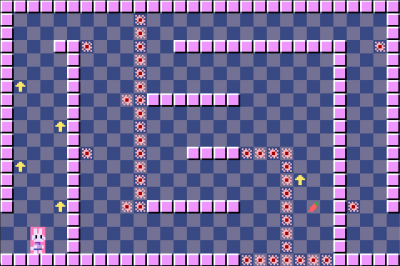 screenshot of a bunny sprite in a small screen-sized platformer level made of blocks: a winding path, with lots of spikes and arrows to be platformed through, and a carrot in a corner that looks hard to reach